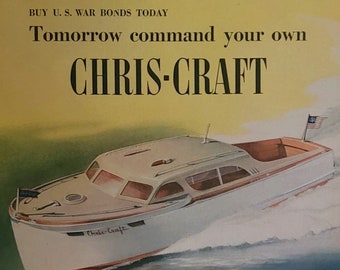 Vintage Chris-Craft/Three Feathers Whisky Magazine Advertisement