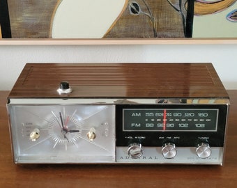 Vintage Bluetooth Option 1960s Admiral YRC841 AM-FM Alarm Clock Radio in Chrome/Woodgrain Finish