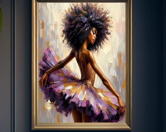 May include: A painting of a woman with an afro wearing a purple tutu. The background is a light beige with gold accents.