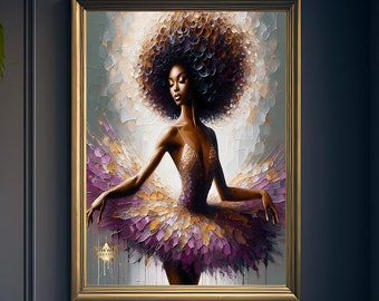 May include: A painting of a woman in a purple and gold tutu, with a large afro, standing in front of a gold background.