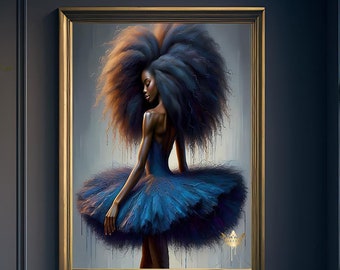 May include: A framed painting of a woman with an afro wearing a blue tutu. The painting is set against a dark blue wall with a blue velvet armchair and plants in the foreground.