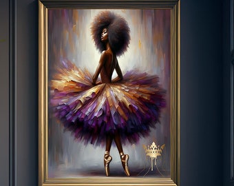 May include: A framed painting of a ballerina in a colorful tutu, displayed on a dark blue wall. The ballerina has an afro and is wearing pointe shoes. A dark blue velvet armchair and plants are in the room.
