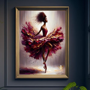 May include: A framed painting of a woman in a red and gold dress, dancing on a stage. The background is a soft, blurred gray.