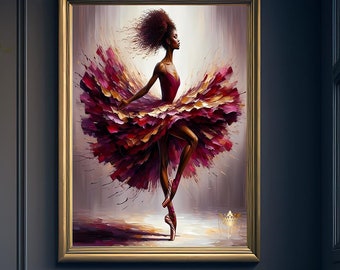 May include: A framed painting of a woman in a red and gold dress, dancing on a stage. The background is a soft, blurred gray.