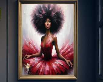 May include: A painting of a woman with an afro wearing a red dress with a gold frame.