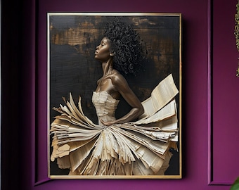May include: A pink velvet armchair with a tufted back and a teal blue throw pillow sits in a room with a dark purple wall and a framed artwork of a woman in a dress made of paper.