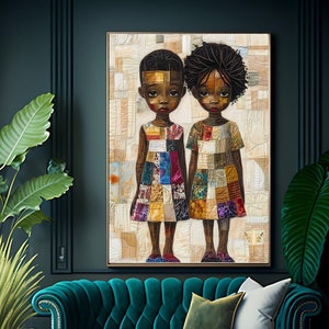 Patchwork Girls, Black Child Art, Black History Month, afdrukbare muurkunst, zwarte vrouwen kunst, digitale download, wenskaart, cadeau-idee