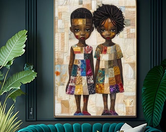 May include: A painting of two young girls standing side-by-side. They are both wearing colorful patchwork dresses and have dark skin and hair. The painting is set against a light background with a textured pattern.