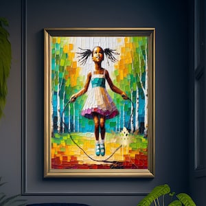 May include: A painting depicting a young girl skipping rope in a woodland scene. The girl is wearing a colourful dress and has her hair in pigtails. The painting is executed in a colourful, impressionistic style.