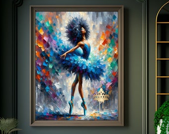 May include: A painting of a Black ballerina in a blue tutu with a colorful background. The ballerina is standing on one leg with her other leg extended behind her. The painting is framed and hanging on a wall.