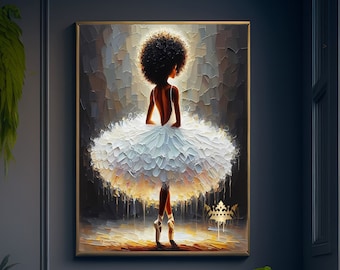 May include: A painting of a Black ballerina wearing a white tutu and pointe shoes. The ballerina is standing on a stage with a spotlight shining on her. The background is a dark brown color.