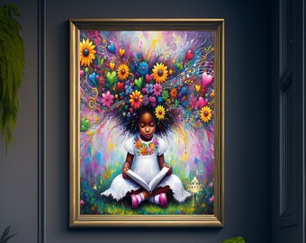Black Girl Reading Art Print, Floral Afro, Nursery Decor (Digital Download)
