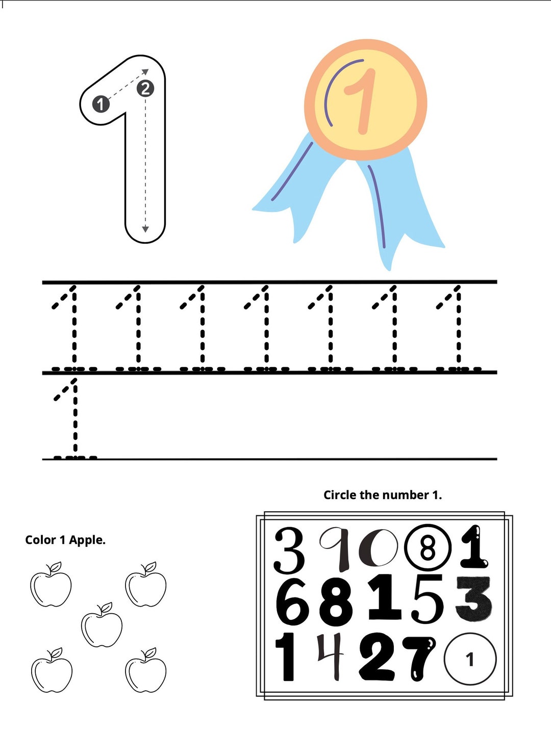 Printable Number 1 Worksheet Etsy Printable Number 1 Worksheet Etsy