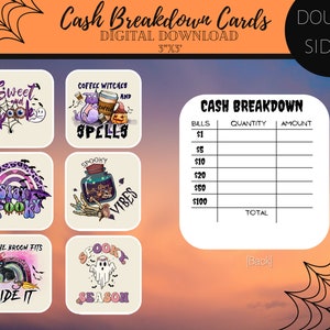 Druckbare Geldaufschlüsselung, Doppelseitig, 6er Pack, Bankabzugszettel, Bankabzugszettel pdf, Halloween