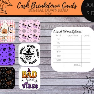 Printable Cash Breakdown , Double sided , 6 Pack, Bank Teller Slip, bank withdrawal slip pdf, Halloween