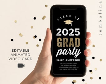 Elektronische uitnodiging voor afstudeerfeest | Geanimeerde Grad Party tekst uitnodigen | Sjabloon voor digitale feestuitnodigingen | Party Evite, bewerkbaar | EI121