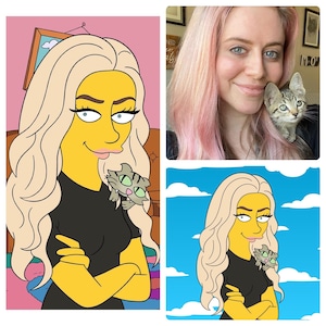 Op de afbeelding: Een cartoonillustratie van een persoon met gele huid en blond haar die een kleine grijze kat vasthoudt. De persoon draagt ​​een zwart shirt en heeft een roze achtergrond achter zich.