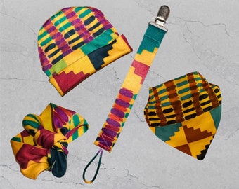 African Print Baby Set - Hat - Pacifier Clip - Bandana Bib - Head Tie - Baby Botties - Kente Print - Snap Bib - Baby Gift Ser