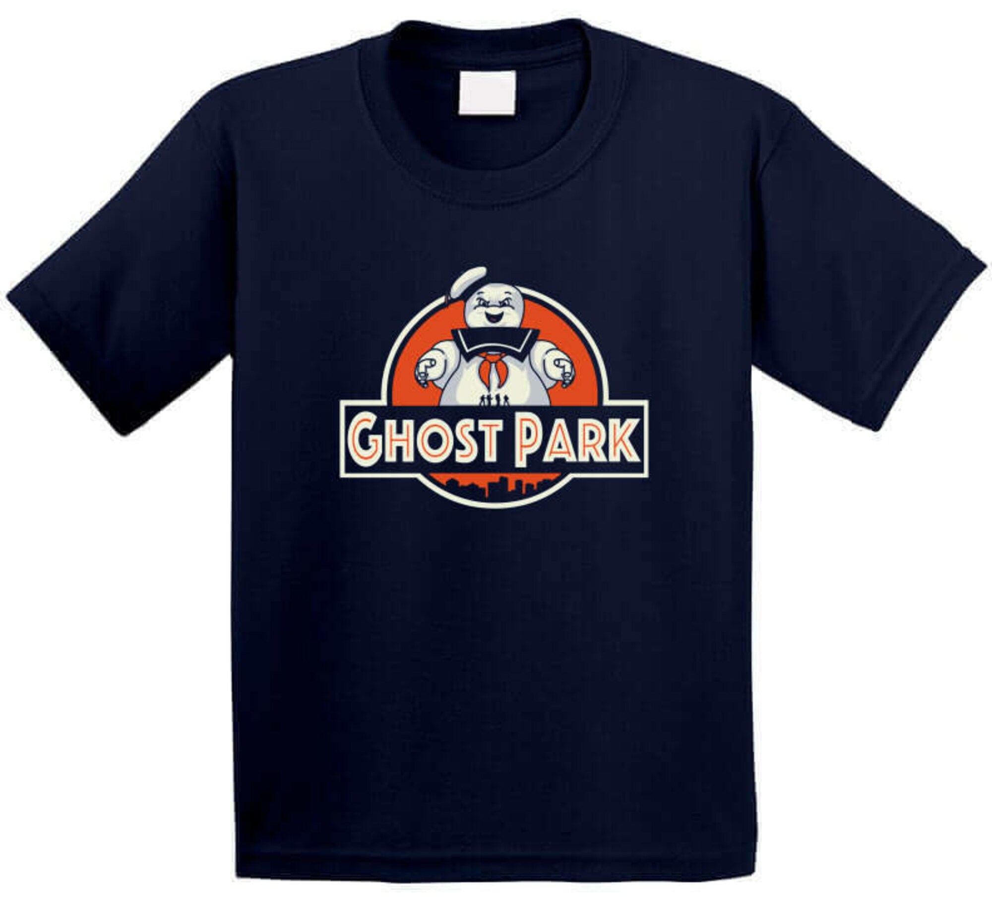 Discover Funny Ghost Park Jurassic Park Logo Mashup Ghost Busters Stay Puft Marshmellow Man T Shirt