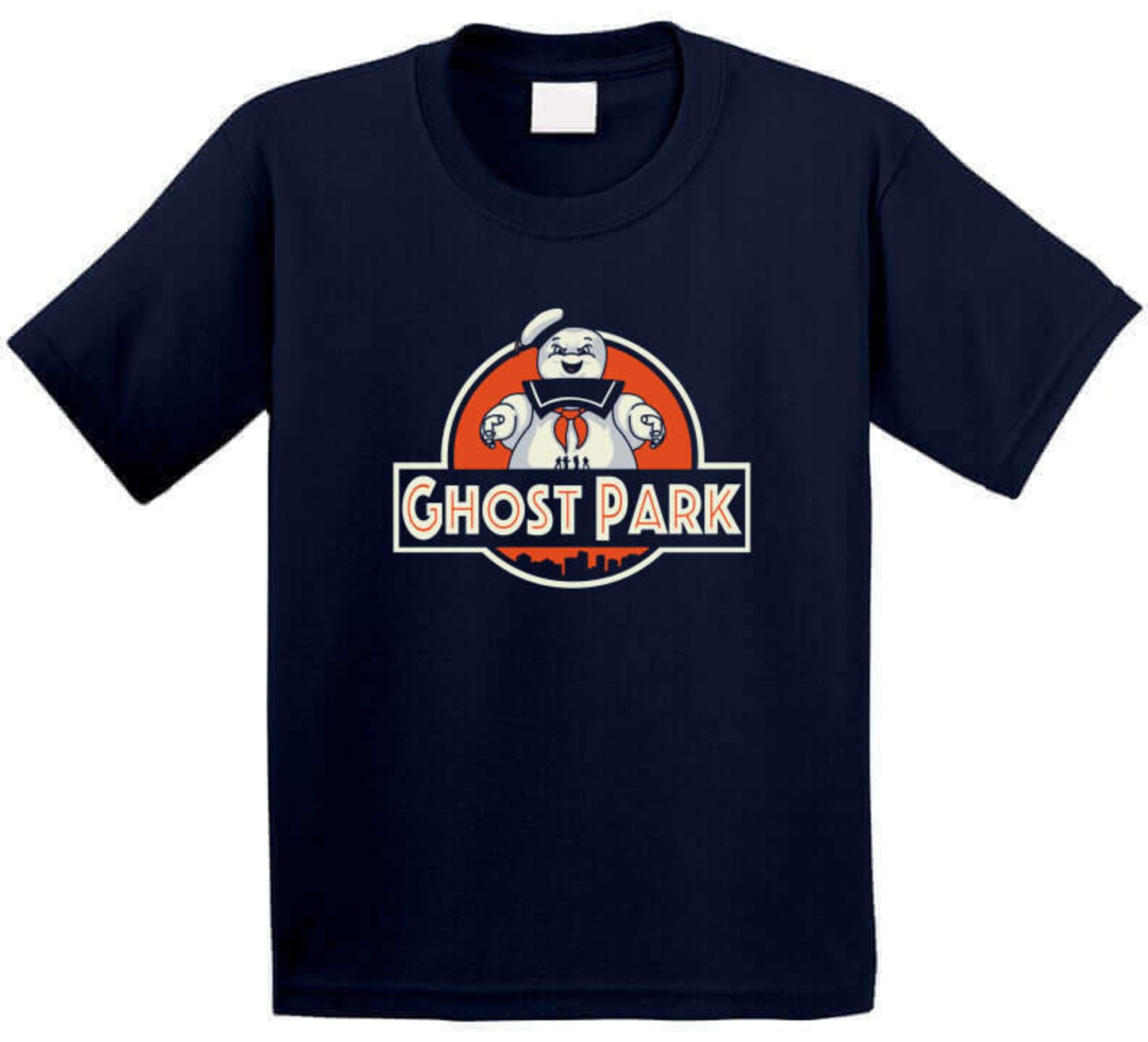 Funny Ghost Park Jurassic Park Logo Mashup Ghost Busters Stay Puft Marshmellow Man T Shirt