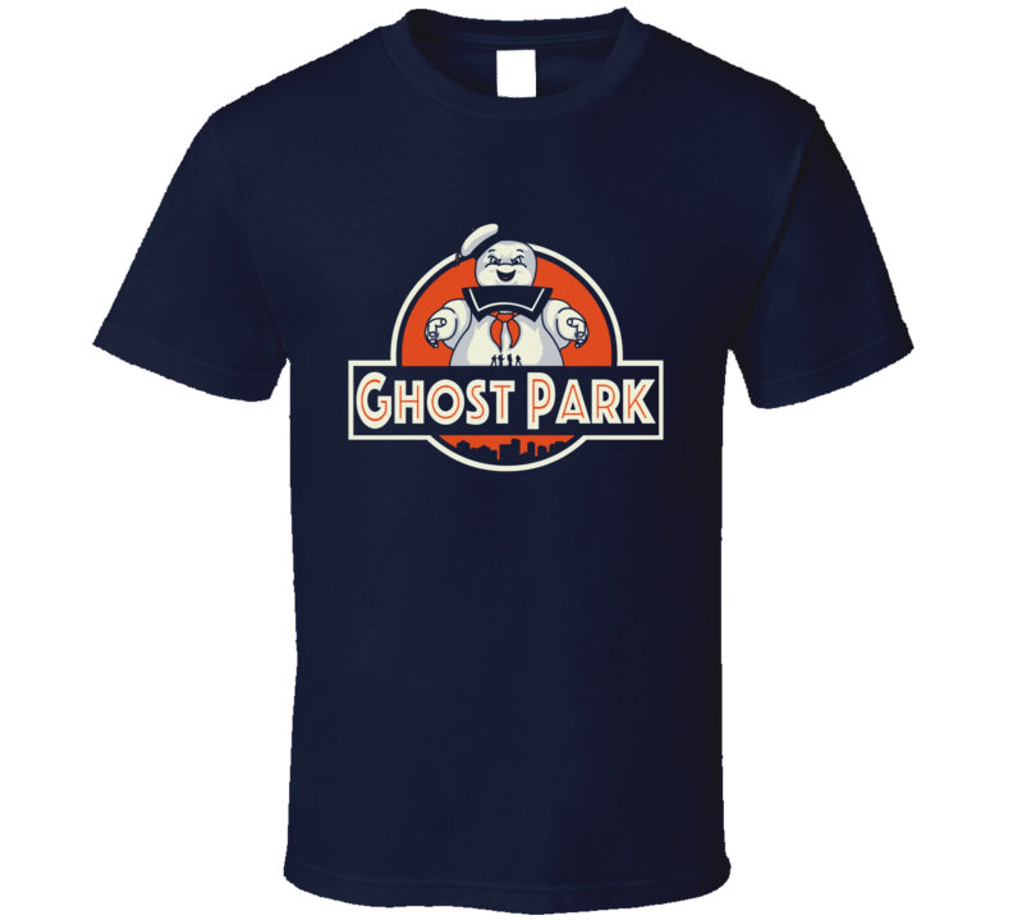 Funny Ghost Park Jurassic Park Logo Mashup Ghost Busters Stay Puft Marshmellow Man T Shirt
