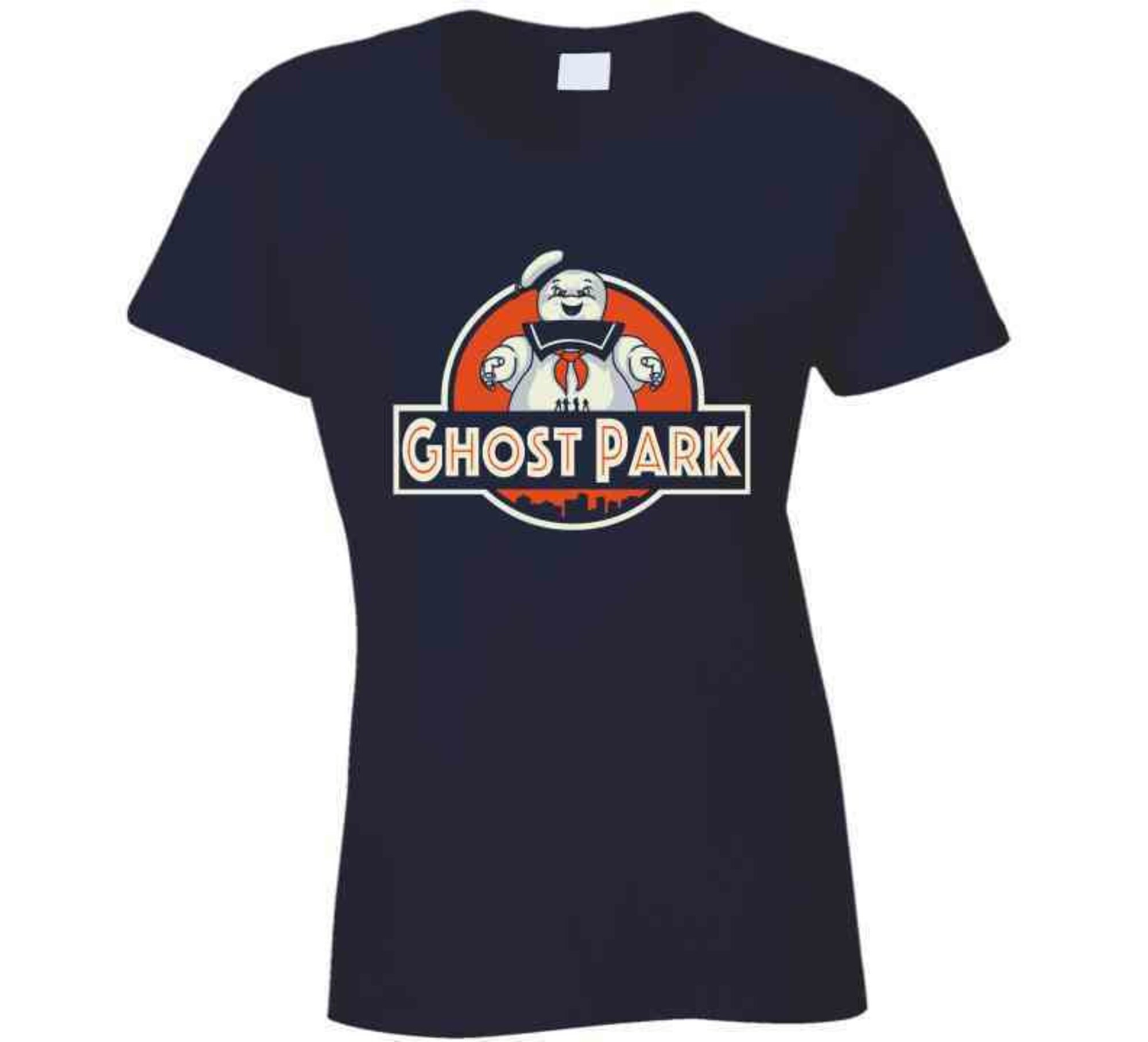 Funny Ghost Park Jurassic Park Logo Mashup Ghost Busters Stay Puft Marshmellow Man T Shirt