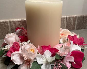 Spring Wildflower Candle Wreath – Pink, White Floral Arrangement