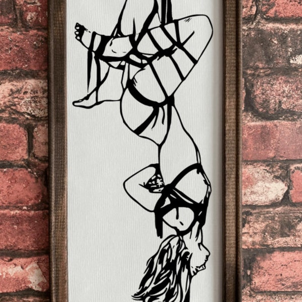 Shibari inspired- upside down bound beauty in rope- Framed canvas lightweight framed wall art