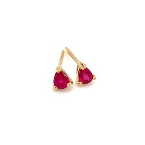Puede incluir: Un par de pendientes de oro con pequeñas piedras preciosas rojas de forma triangular.