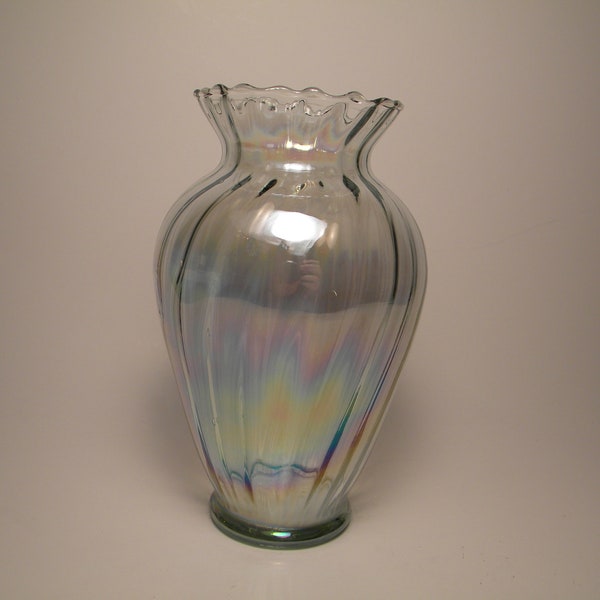 Vintage Stretch Glass Iridescent Rainbow Ribbed and Ruffled Scallop Edge Vase