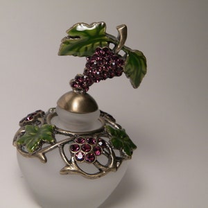Vintage Grape Jeweled Frosted Glass Perfume Bottle Purple Grapes and Flower Green Leafs