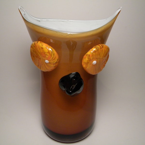 Brown Glass Owl Vase Black Nose Orange Eyes Mid Century Modern