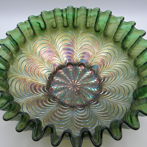 Antique Fenton Carnival Glass Peacock Tail Green Bowl Ruffle Edge