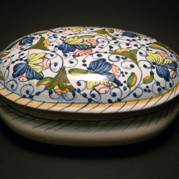 Ceramiche Artistiche Montelupe IMA Dish with Lid Hand Made Italy Blue/Yellow Leaf's