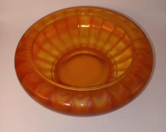Vintage Iridescent Marigold Carnival Glass Bowl with Ribbed Sides and Rolled Top