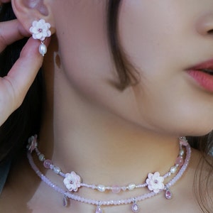 Parure de bijoux fleurs avec perles, quartz, perles, strass, argile polymère / Boucles d'oreilles fleurs en argile / Tour de cou de perles florales avec strass image 5