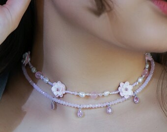 Bloemen choker set 2 in 1 met parels, kwarts, kralen, strass steentjes, polymeerklei / Floral Pearl choker set met strass / Bloemen choker