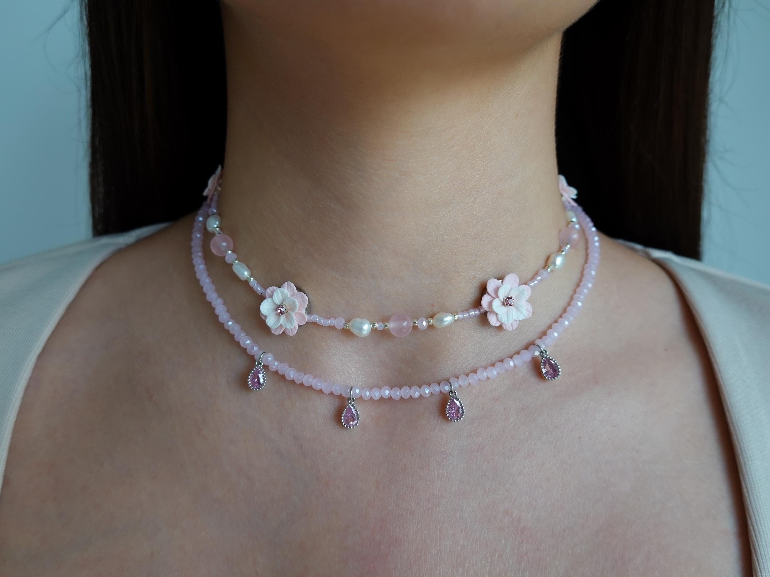 Floral Pearl Choker Set 2 in 1, Multi Strand Necklace