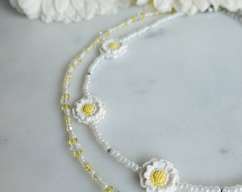 White daisy choker set 2 in 1 with czech beads, faceted beads, polymer clay  / Choker necklace / Summer choker from premium polymer clay