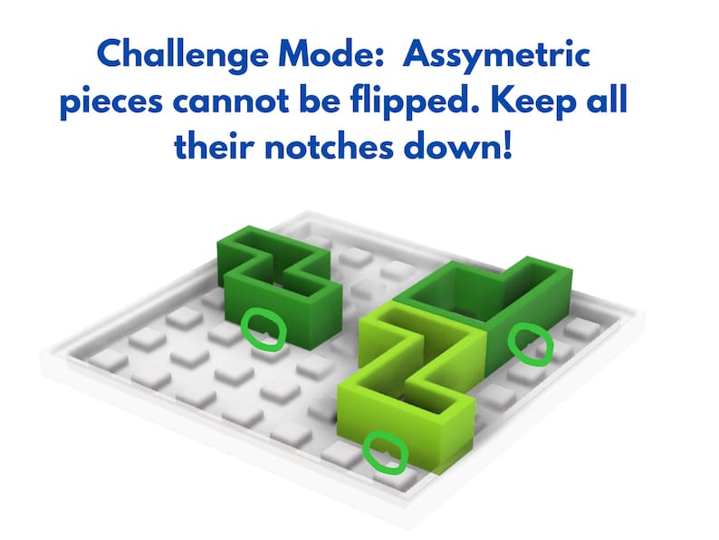 Może przedstawiać: Gra logiczna z białą podstawą i zielonymi elementami układanki. U g&oacute;ry widnieje tekst "Challenge Mode: Assymetric pieces cannot be flipped. Keep all their notches down!". Elementy układanki mają nacięcia.
