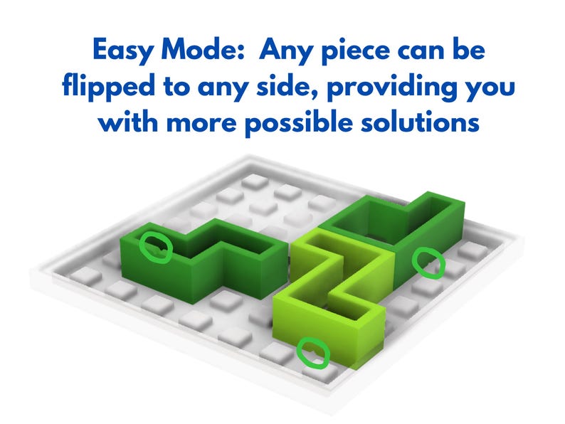 Może przedstawiać: Gra logiczna z białą podstawą i zielonymi elementami układanki. Tekst "Easy Mode: Any piece can be flipped to any side, providing you with more possible solutions" jest wyświetlany na niebiesko.