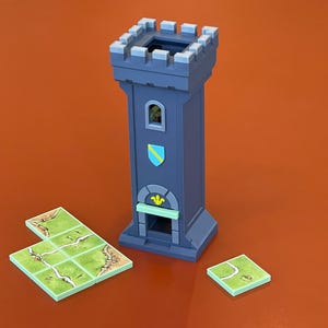 May include: A blue tower with a green door and a shield on the side. There are five green and brown tiles with a path design on them.