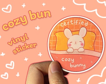 Certified Cozy Bunny | Waterproof vinyl sticker | cute sleepy bun in the covers