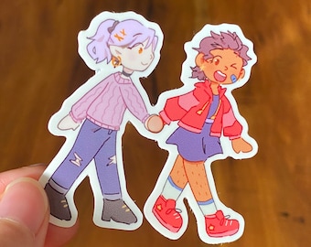 May include: Two cartoon characters holding hands. The character on the left has purple hair, a pink sweater, blue jeans, and brown shoes. The character on the right has brown hair, a red jacket, a purple skirt, white socks, and red shoes.