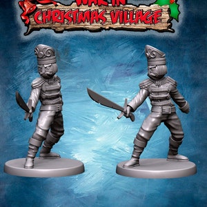 May include: Two gray plastic toy soldier figurines, each holding a sword, standing on a round base. The soldiers are dressed in military uniforms with hats and have facial features. The text "WAR IN CHRISTMAS VILLAGE" is visible at the top of the image.