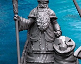 May include: A gray figurine of a bishop holding a staff and a bag of gifts. The bishop is wearing a mitre and a long robe. The figurine is on a round base.