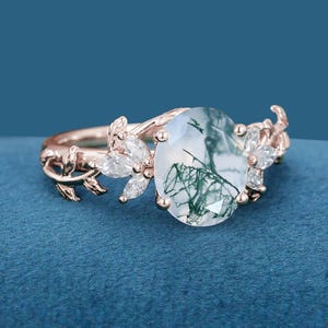 Natural Moss Agate Oval cut cluster Engagement Ring Rose Gold Ring flower Ring Dainty Leaf Marriage Ring Delicate Promise Ring Bridal Ring