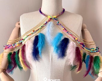 Feather Shoulder Piece, Colorful Statement Necklace — Rainbow Touch