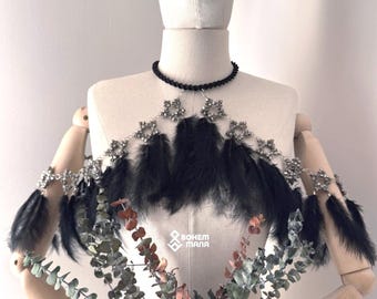 Feather Shoulder Necklace, Gothic Star Body Chain, Witchy Collar, Festival Harness Jewelry
