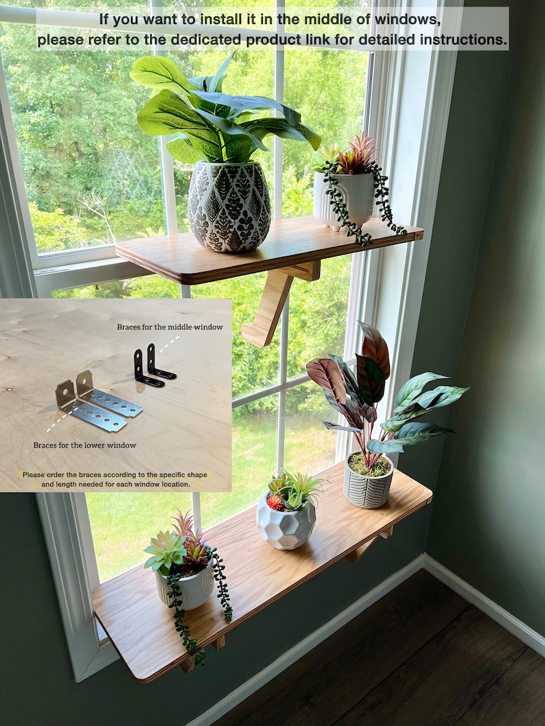 May include: Two wooden shelves mounted on a window frame with potted plants. The shelves are supported by metal brackets. The image includes instructions for installing the shelves, including the text "Braces for the middle window" and "Braces for the lower window".